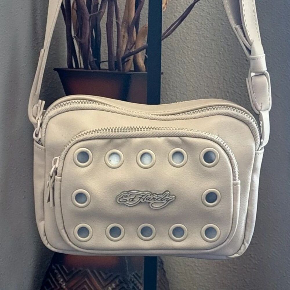 Ed Hardy Cream Vegan Leather Crossbody Bag Small Handbag Purse 3-Zippers Y2K